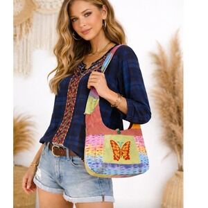 Kathmandu Imports Patchwork Butterfly Hobo Bag Cotton Razor Cut Boho Nepal Multi